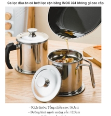 Ca Lọc Dầu Ăn Inox Có Nắp 1300ml Nồi Oil Pot Lưới Lọc Cặn Đa Năng Gạn Bỏ Chất Béo Dư Thừa Full Box