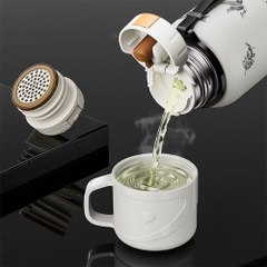 Hộp quà tặng bình giữ nhiệt 600ml kèm 3 ly hình Hoa sang trọng phối đen trắng [BH: NONE]