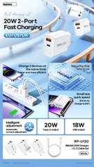 Bộ sạc nhanh 20w Remax RP-U120 US (C-C) cóc 1 cổng typec vs 1 cổng usb kèm cáp 2 đầu typec chính hãng [BH 1 Năm]