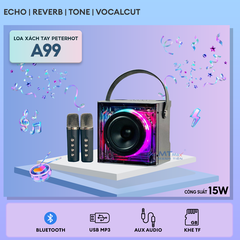 Loa bluetooth karaoke xách tay PETERHOT A99 công suất 15W có led siêu đẹp kèm 2 mic không dây chính hãng [BH 3 Tháng]