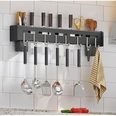 Kệ để dao thớt có chỗ cắm đũa muỗng kèm móc treo sạn, vá dán tường tiện dụng [BH: NONE]