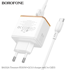 Bộ sạc nhanh 30w BOROFONE BAS32A (c-c) cóc 2 cổng (1 cổng usb vs 1 cổng typec) kèm cáp 2 đầu Type C ra Type C cáp có móc siêu tiện lợi [Bh 1 Năm]
