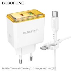 Bộ sạc nhanh 30w BOROFONE BAS32A (c-c) cóc 2 cổng (1 cổng usb vs 1 cổng typec) kèm cáp 2 đầu Type C ra Type C cáp có móc siêu tiện lợi [Bh 1 Năm]