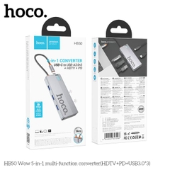 Jack chuyển HOCO HB50 Wow 5in1 cáp chuyển Type-C ra HDMI HDTV vs typec PD vs 3 cổng usb 3.0 chính hãng [BH 1 năm]