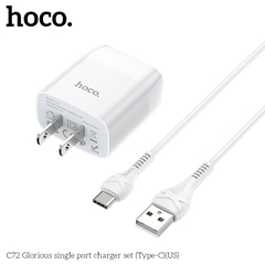 Bộ sạc Hoco C72 chui Type C 2.1A, (A-C) Cáp USB ra Type C, Cóc 1 cổng USB chính hãng [BH 1 năm]