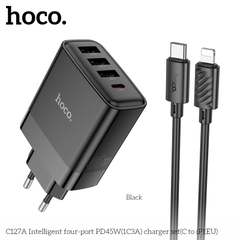 Bộ sạc nhanh 45W HOCO C127A C-L EU 4 cổng ( 1usbC-PD45W+ 3 usbA QC3.0; kèm cáp Type C ra lightning iPhone c-l) chính hãng
