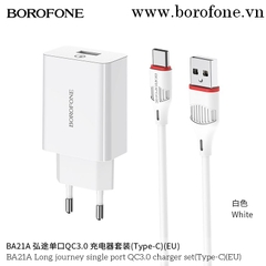 Bộ sạc BOROFONE BA21A (A-C), Cáp USB ra Type C, Cóc 1 cổng USB chính hãng [BH 1 năm]