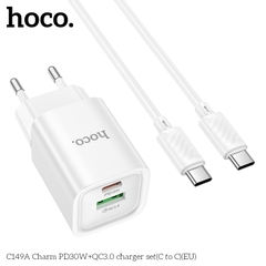 Bộ sạc nhanh 30w HOCO C149A (C-C) EU cóc (1 cổng TypeC, 1 cổng USB) kèm cáp 2 đầu Type C [BH 1 năm]