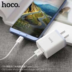 Bộ sạc Hoco C50 Type-C 2.1A, (A-C) Cáp USB ra Type C, Cóc 2 cổng USB chính hãng [BH 1 Năm]