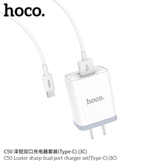 Bộ sạc Hoco C50 Type-C 2.1A, (A-C) Cáp USB ra Type C, Cóc 2 cổng USB chính hãng [BH 1 Năm]