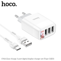 Bộ sạc nhanh 3.4A Hoco C93A Type C 3U (cáp usb ra type-c, cóc 3 cổng usb) có LED báo dòng chính hãng (BH 1 NĂM)