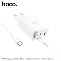Bộ sạc nhanh Hoco C99A chui Type C, (A-C) Cáp USB ra Type C, Cóc sạc 1 cổng USB QC3.0 + 2 cổng Type C PD20W chính hãng [BH 1 năm]