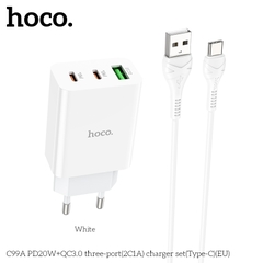 Bộ sạc nhanh Hoco C99A chui Type C, (A-C) Cáp USB ra Type C, Cóc sạc 1 cổng USB QC3.0 + 2 cổng Type C PD20W chính hãng [BH 1 năm]