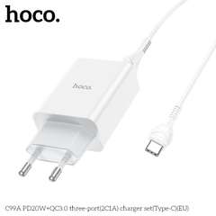 Bộ sạc nhanh Hoco C99A chui Type C, (A-C) Cáp USB ra Type C, Cóc sạc 1 cổng USB QC3.0 + 2 cổng Type C PD20W chính hãng [BH 1 năm]