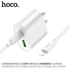 Bộ sạc nhanh 20w HOCO C109 (c-l) US (cóc 2 cổng 1A QC3.0+ 1C PD20W kèm cáp Type C ra lightning iPhone) chính hãng [BH 1 năm]