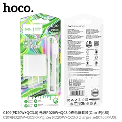 Bộ sạc nhanh 20w HOCO C109 (c-l) US (cóc 2 cổng 1A QC3.0+ 1C PD20W kèm cáp Type C ra lightning iPhone) chính hãng [BH 1 năm]