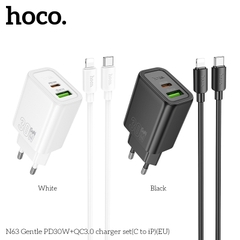 Bộ sạc Hoco N63 EU (c-l) (Cóc 2 cổng: 1 cổng usbA+1 cổng Type C, cáp Type C ra Lightning iPhone; c-l)Gentle PD30W+QC3.0 chính hãng