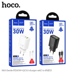 Bộ sạc Hoco N63 EU (c-l) (Cóc 2 cổng: 1 cổng usbA+1 cổng Type C, cáp Type C ra Lightning iPhone; c-l)Gentle PD30W+QC3.0 chính hãng