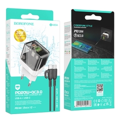 Bộ sạc nhanh 20w BOROFONE BA80A (c-c) (cáp 2 đầu type-c ra typec) (cóc 1 cổng type-c vs 1 cổng usb) PD QC3.0 chính hãng [BH 1 năm]