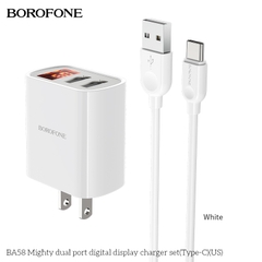 Bộ sạc nhanh 2 usb Borofone BA58 kèm cáp Type C chính hãng, có màn hình LCD led hiển thị dòng [BH 1 năm]
