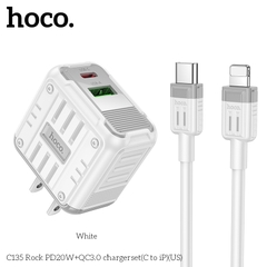 Bộ sạc nhanh 20w HOCO C135 Rock (C-L: cáp type c ra iphone lightning) (cóc 1C 1U: 1 cổng type-c PD vs 1 cổng usb QC3.0) chính hãng [BH 1 năm]