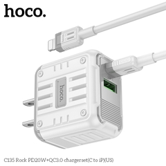 Bộ sạc nhanh 20w HOCO C135 Rock (C-L: cáp type c ra iphone lightning) (cóc 1C 1U: 1 cổng type-c PD vs 1 cổng usb QC3.0) chính hãng [BH 1 năm]