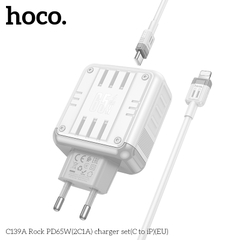 Bộ sạc nhanh 65w HOCO C139A (C-L) Rock (Cóc 2C 1U: 2 cổng type-c PD vs 1 cổng usb QC3.0) (Cáp Type C ra iPhone Lightning) chính hãng [BH 1 năm]