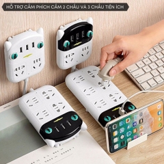 Ổ cắm/ ổ điện mặt mèo đen trắng 2IN1 KIÊM GIÁ ĐỠ 3 cổng usb 3 lỗ cắm tròn 3 lỗ cắm dẹp (HỖ TRỢ PHÍCH 2 CHẤU, 3 CHẤU) K [BH: 1 THÁNG]