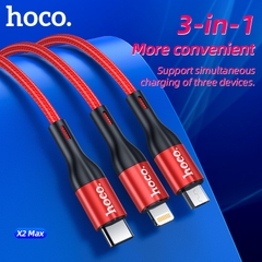 Cáp sạc nhanh 3A 3 đầu HOCO X2 Max 3in1 1m đa năng (usb ra micro, iphone lightning, type-c) chính hãng [BH 1 năm]