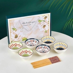 Bộ quà tặng 6 chén kèm đũa Best Ceramic Tableware For You hạo tiết hoa văn nhí siêu cưng [BH: None]