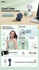 Quạt cầm tay 2in1 Remax F35 mini để bàn Siêu mát, gấp gọn 1200mAh có 3 cấp độ gió và màn hình hiển thị led [BH: 1 NĂM]