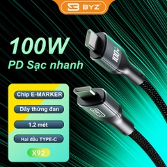 Cáp sạc nhanh PD100W BYZ X92 type C ra Type C dây dù (c-c) dài 1.2m chính hãng [BH: 12 tháng]