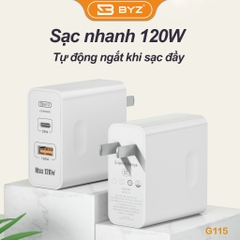 Cóc sạc nhanh 120w BYZ G115 (1 cổng usb QC3.0 vs 1 cổng type-c PD) chính hãng [BH 6 tháng]