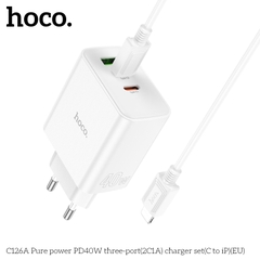Bộ sạc nhanh 40w HOCO C126A (C-L) (cóc 1 cổng usb QC3.0 vs 2 cổng type-c PD) 3 cổng 2C1A kèm cáp cổng Type C ra iPhone Lightning chính hãng [BH: 1 NĂM]