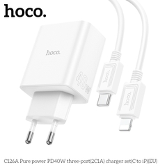 Bộ sạc nhanh 40w HOCO C126A (C-L) (cóc 1 cổng usb QC3.0 vs 2 cổng type-c PD) 3 cổng 2C1A kèm cáp cổng Type C ra iPhone Lightning chính hãng [BH: 1 NĂM]