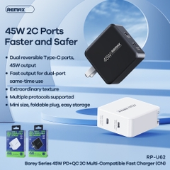 Cóc sạc nhanh 45w Remax RP-U62 2 cổng Type C QC3.0+PD chính hãng [BH 1 Năm]