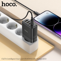Cóc sạc nhanh 45w HOCO C127A chính hãng (1 cổng Type-C PD vs 3 cổng Usb QC3.0) chân tròn EU [BH 1 năm]