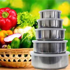 Bộ 5 tô, thố inox có nắp nhựa đậy đựng thức ăn, bảo quản thức ăn 5 size 10,12,14,16,18