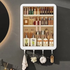 Tủ đựng mỹ phẩm, tủ đựng đồ đa năng 3 tầng dán tường kèm 4  móc treo khăn, chìa khóa, bông tắm v.v [BH: NONE]
