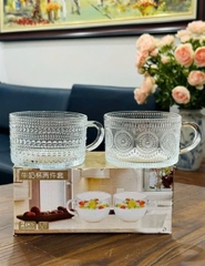 Combo 2 ly thủy tinh HOA VĂN có quai cầm 450ml L520 [BH: NONE]