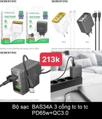 Bộ sạc nhanh PD65W+QC3.0 BOROFONE BAS34A C-C (cóc 3 cổng 2usb C+ 1usbA; Cáp type c ra type c 2 đầu type c)