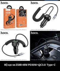 Cóc sạc nhanh xe hơi ô tô 48W cổng kép HOCO Z58B Type C (PD30W+ QC3.0 Type C ) chính hãng [BH 1 năm]