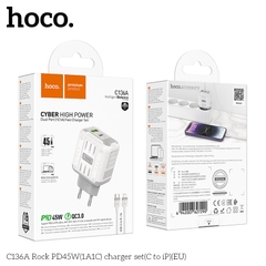 Bộ sạc nhanh 45w HOCO C136A (c-l) cóc 2 cổng 1U 1C kèm cáp  Type C ra Lightning iPhone chính hãng