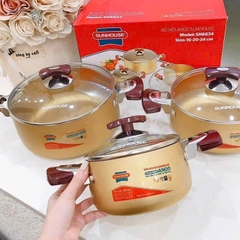 Bộ 3 Nồi Anod SH6634 màu vàng cao cấp kèm nắp kính size 16 20 24 [BH: NONE]