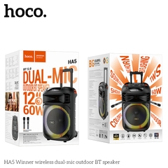 Loa bluetooth karaoke Hoco HA5 kiểu vali có bánh xe tặng kèm 2 micro không dây chính hãng [BH: 1 NĂM]
