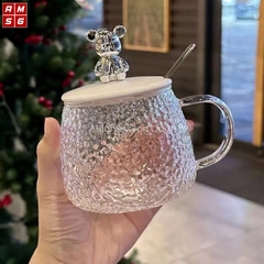 Ly đựng nước thuỷ tinh nắp gấu kèm muỗng / ống hút 500ml siêu sang [BH: NONE]