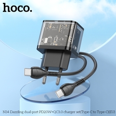 Bộ sạc nhanh PD20W Hoco N34 Type C [cóc 2 cổng TRONG SUỐT lộ mạch (1 cổng usb+ 1 cổng type c), cáp type c ra type C (C-C)] chính hãng [BH: 1 NĂM]