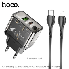 Bộ sạc nhanh 20W Hoco N34 (c-l) [cóc 2 cổng TRONG SUỐT lộ mạch (1 cổng usb+ 1 cổng type c), cáp type c ra iphone lightning (c-l)] chính hãng [BH: 1 NĂM]