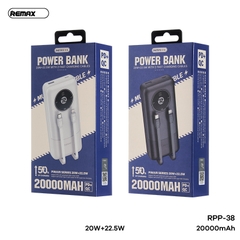 Pin sạc nhanh 22.5W Remax RPP-38, dung lượng 20.000mAh, kèm 2 cáp liền thân, có màn hình led hiển thị % pin chính hãng [BH: 1 NĂM]