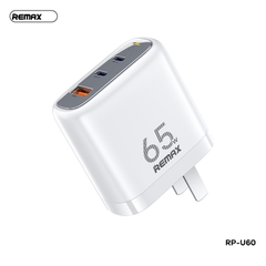 Cóc sạc nhanh 65W Remax RP-U60 CN 3 Cổng GaN (2 cổng Type C PD65W+ 1 Cổng USB QC3.0) Chính hãng [BH: 1 NĂM]